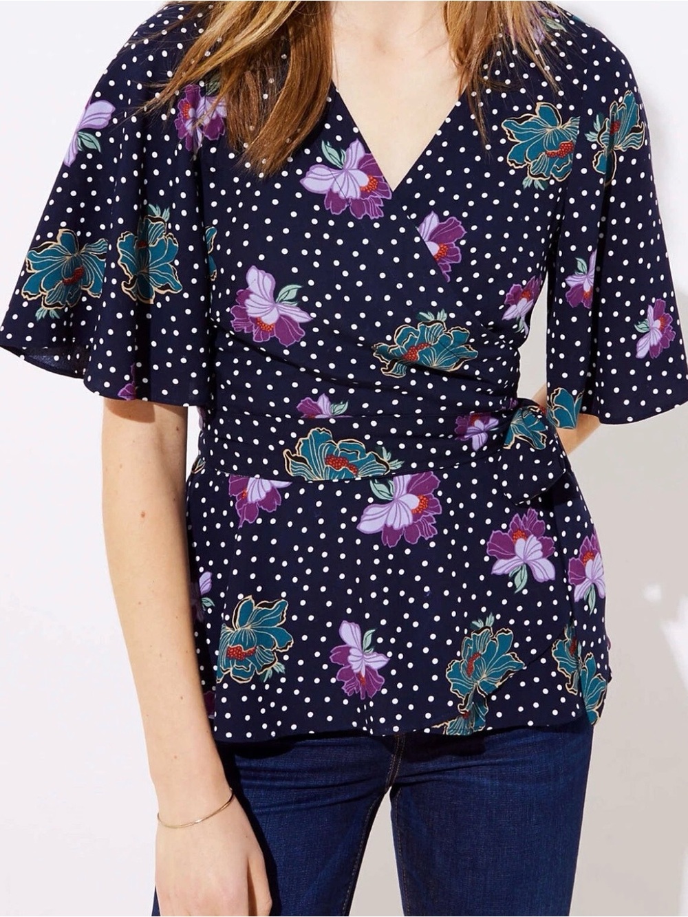 Ann Taylor LOFT Floral Dot Wrap Blouse Top Sz M Forever Navy Cottage Core Boho